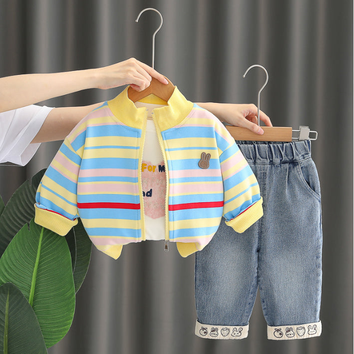3-Piece Kids Striped Jacket & Jeans Outfit β Pink or Yellow (1-5 Years)